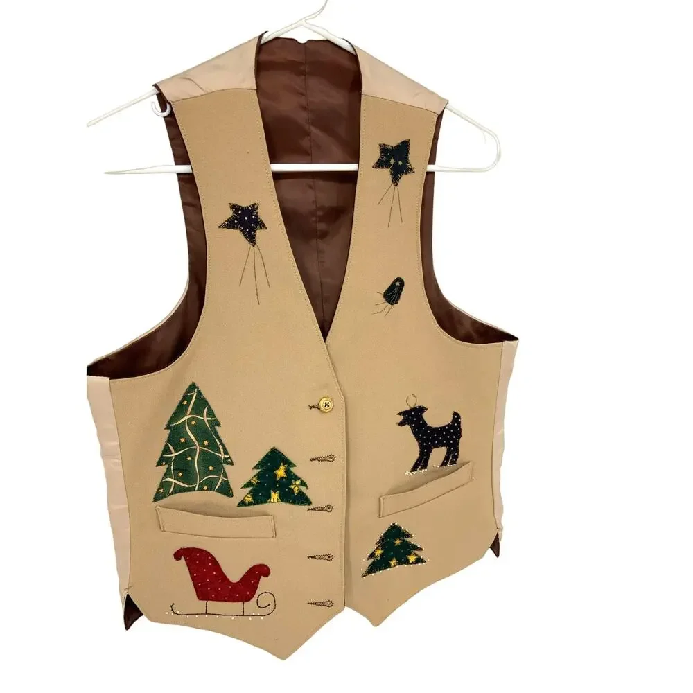 Mens Reversible Cream Brown Vest Holidays Vest Snowman Deer Tree